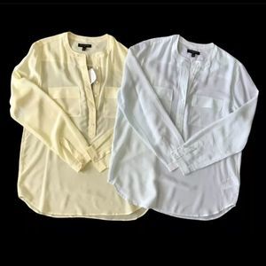 BANANA REPUBLIC Crewneck Button-Front Blouse - Pale Mint Green and Pale Yellow